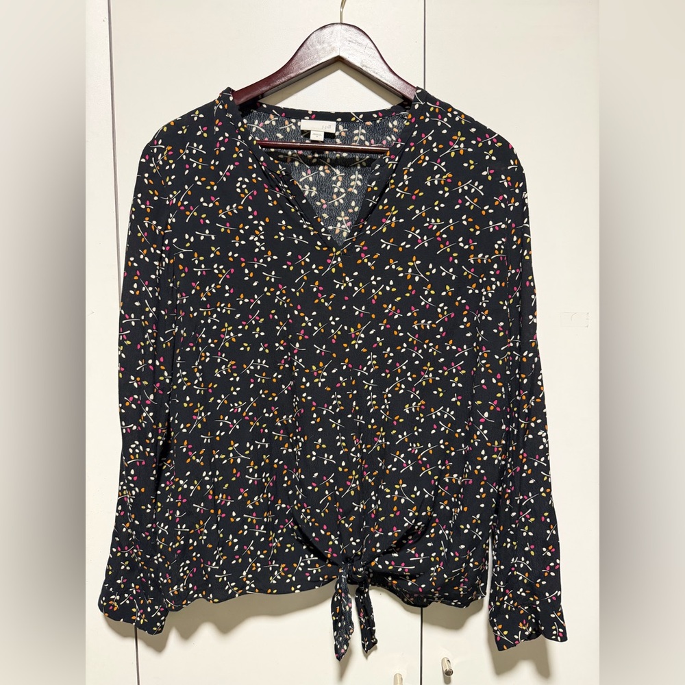 J. Jill Black Floral Blouse with Tie Front